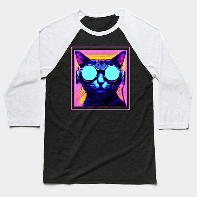 Cool Pop Art Cat with Sunglasses and Headphones Baseball T-Shirt by Daz Art & Designs